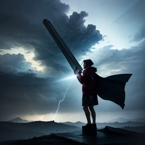 a man wearing a red hoodie,holding a lightning element sword in his left hand,red eyes,rainstorm atmosphere,night,(best quality,...