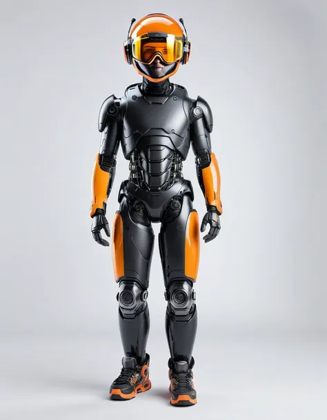 create a realistic image of an adult male ai robot with a predominantly orange and black appearance. he was supposed to be weari...