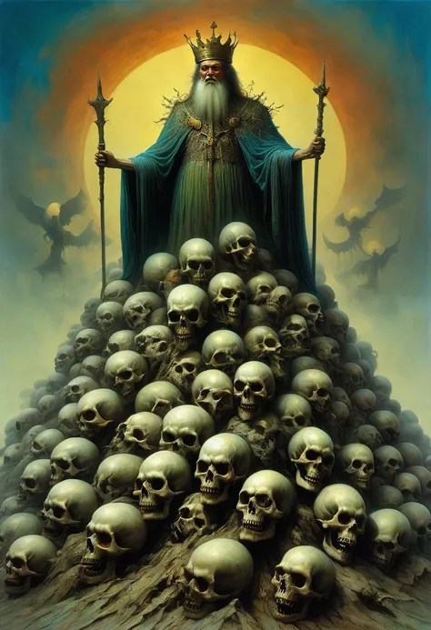 A painting，An ugly king standing on a pile of skulls, Disturbing, crawl, gloomy, rotten, High saturation by zdzislaw beksinski