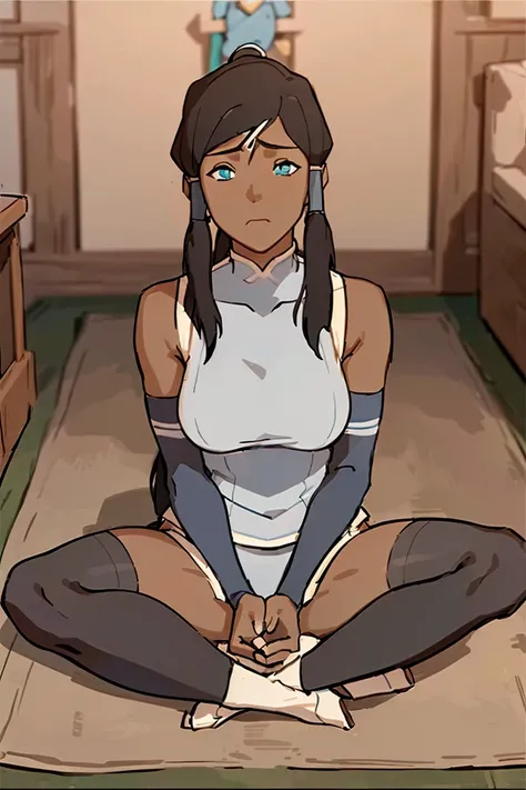 view from above,,The legend of korra, korra,(dark skin,medium tits,thongs,stockings,micro bikini,mouth veil,micro skirt,sitting cross - legged:1.3 ,)( meditating,lotus pose sitting on meditation:1.4), lifting skirt, closed eyes
