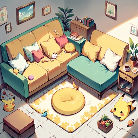 Create an adorable illustration of Pikachu taking a nap. Pikachu should be curled up on a comfy couch with a cozy blanket and a soft pillow. Surround Pikachu with a few toys and a book on a side table. The scene should feel warm and relaxing, perfect for a...