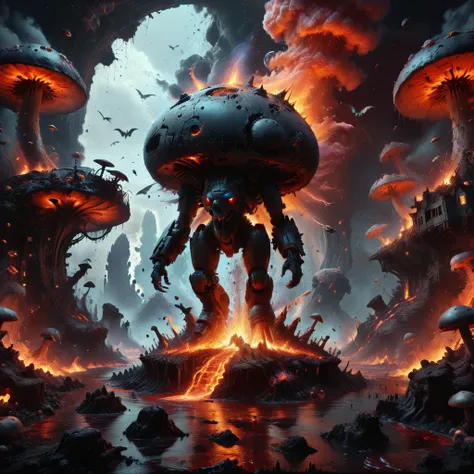 surreal, 8k photo, vibrant, imaginary nuclear war breaks out, whimsical, furry, a futuristic death mech stomps on a mushroom hou...