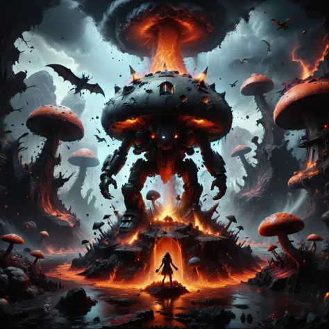 Surreal, 8K Photo, Vibrant, Imaginary nuclear war breaks out, Whimsical, Furry, A futuristic death mech stomps on a mushroom house with its boots, Surrounded by flying bat sharks, And the flowing river of lava. Female barbarian is majestic, Excited B52 Bom...