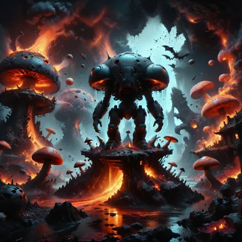 surreal, 8k photo, vibrant, imaginary nuclear war breaks out, whimsical, furry, a futuristic death mech stomps on a mushroom hou...