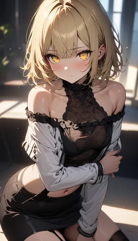 a handsome girl, solo, blond hair, yellow eyes, bright eyes, bangs, open jacket, black blouse, navel, BREAK (white off-shoulder jacket, black skirt:1.5), black garter belt, expressionless, blurry background, perfect lighting, masterpiece, best quality, ext...