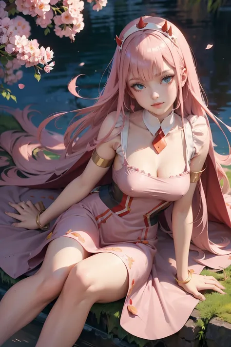 Zero Two, long hair, pink hair, red horns, long flowing hair, floating hair, ornament hair, perfectly body, perfectly hands, dark pink roses, maid, maid dress, maid headdress, maid apron, white apron, on garden, a lake with carpas on background, petals in ...