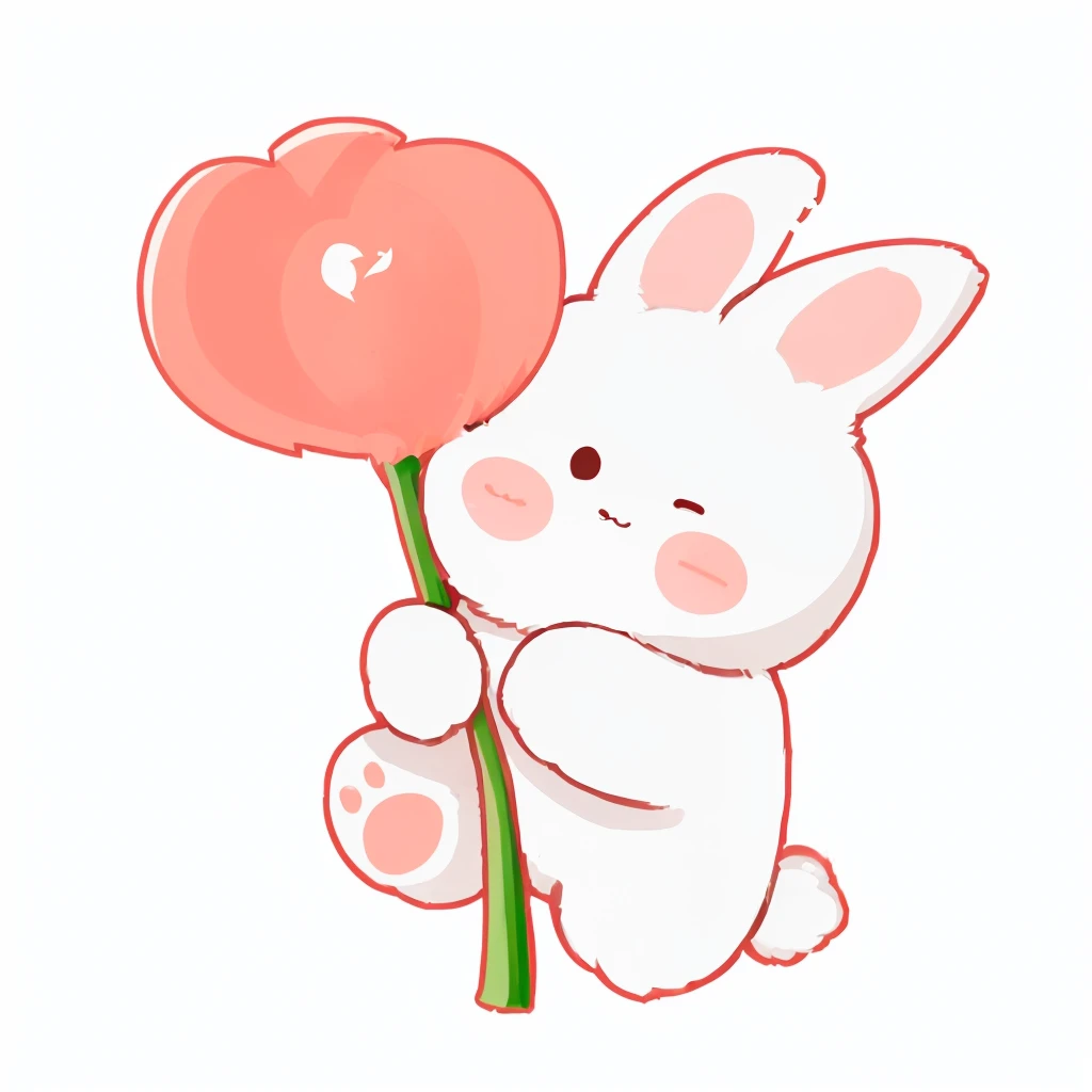 there is a white rabbit Hold a flower in your hand and a red background, cute anthropomorphic rabbit, Hold a flower in your hand, rabbit_rabbit, cute的角色, 卡通cute, rabbit, rabbit leg, cute又cute, cute, rabbit, cute的插图, the rabbit has pink fur, anthropomorphic...