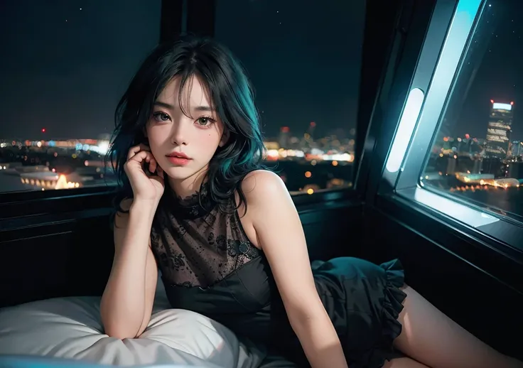 ((High quality, 8k, perfect quality, realistic)), beautiful, perfect face, looking out the window, morning, ((dark room)), Before bed, restless, Short dress, looking at the window, city night view, color black and cyan hair, night city, ((lights off)), fac...