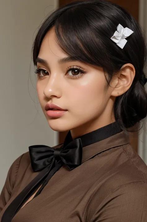 A girl with tied  brownish black hair ,big black eyes, thin and long nose,bow shaped lips 