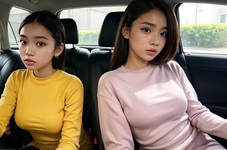 Indonesian girl 19-year-old Hairstyle Casual, F Cup Breasts wearing crewneck dress in car amd driving the car with her friend, they are scared because there are thugs who want to do carjacking and they in car increasingly scared and scream for help.