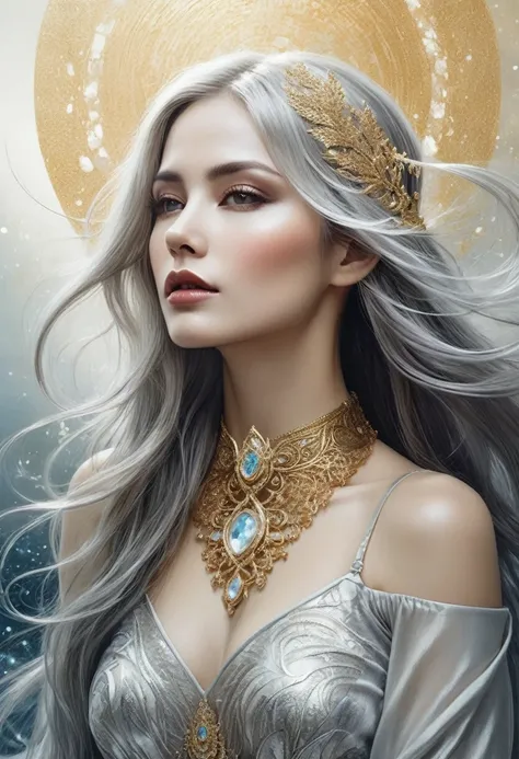 A stunning woman with long, flowing hair and a brilliant ring adorning her neck, captured in a beautiful fantasy portrait. The ethereal tones of gold and silver add a touch of magic to this Karol Bak-inspired artwork.