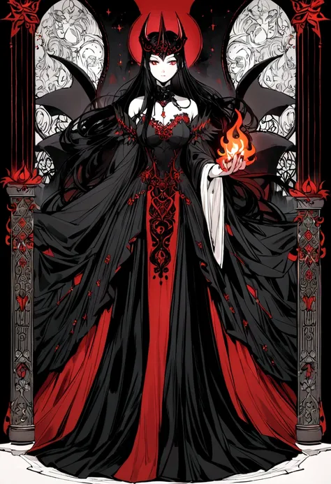 The image depicts an animated character that could be described as a "devil queen." wearing a black dress with white accents. The character has black hair, red horns, and is holding a flame in her hand, which adds to her devilish appearance. The background...