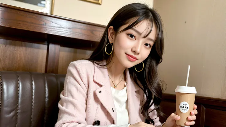 ((highest quality)), ((masterpiece)), (detailed), Perfect Face, Modern cafe girl, Tweed pink Chanel outfit, yperdetailed face、A detailed eye、Double eyelids Concrete pouring Korean Style Wavy Hair a smile, Elegantly at the cafe、Coffee on the table, NO BAG, ...