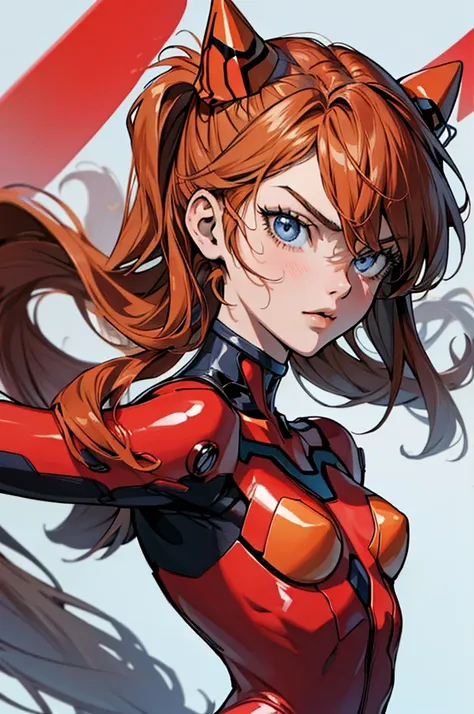 (masterpiece), best quality, expressive eyes, perfect face, 1girl, solo, souryuu asuka langley, interface headset, red bodysuit, standing, badass pose, laboratory background, upper body, portrait, from back