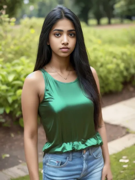 Portrait of 19 years old charming teenager girl, healthy, beautiful Indian woman, very long black hair, cute and serious, naughty and provoking expression to the viewer, ((tight green silk top))), jeans, full body, in the park, sexy, ultra-realistic, photo...