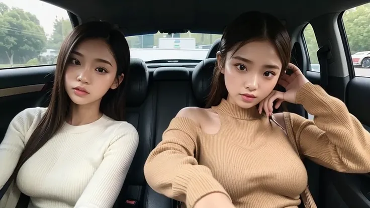 Indonesian girl 19-year-old Hairstyle Casual, F Cup Breasts wearing crewneck dress in car amd driving the car with her friend, they are scared because there are thugs who want to do carjacking and they in car increasingly scared and scream for help.