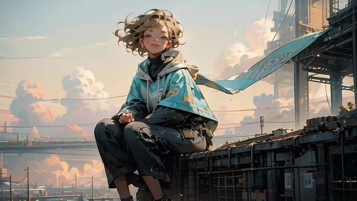 1 young asian girl, short hair, sitting, looking up at the sky, futuristic buildings, golden flying airship in the blue sky with flowing clouds, smiling, boyish, thin, wearing black shorts, white hoodie, black sneakers, (best quality,4k,8k,highres,masterpi...