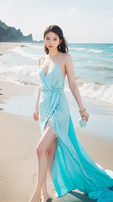 (masterpiece), (Highest quality), (Very detailed),(Disheveled Hair),(shape), (One Girl), (Summer clothes), Are standing, Fashion Model, View your viewers, (interview), (Beach),Beautiful details, Delicate and beautiful face, floating,(High chroma),(Colorful...