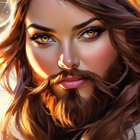 
bearded bearded woman, brown hair, amber eyes, makes a smack