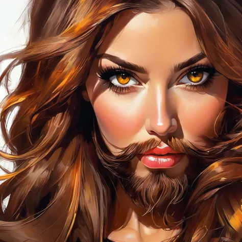 bearded bearded woman, brown hair, amber eyes, makes a smack