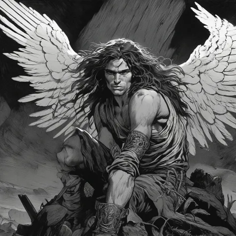 a fallen angel,a young man,long hair,sultry,black and white,book illustration,frank frazetta style,taunting,detailed face,beautiful detailed eyes,beautiful detailed lips,extremely detailed face,intricate wings,moody atmosphere,dramatic lighting,dark and gr...