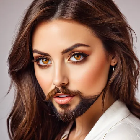 
bearded bearded woman, brown hair, amber eyes, makes a smack