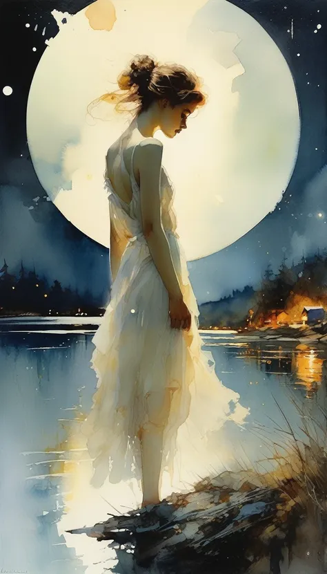 morning watercolor, highland lake, magical fairy tale, shining in the neon light, deep space sky, styles (jeremy mann, louis ica...