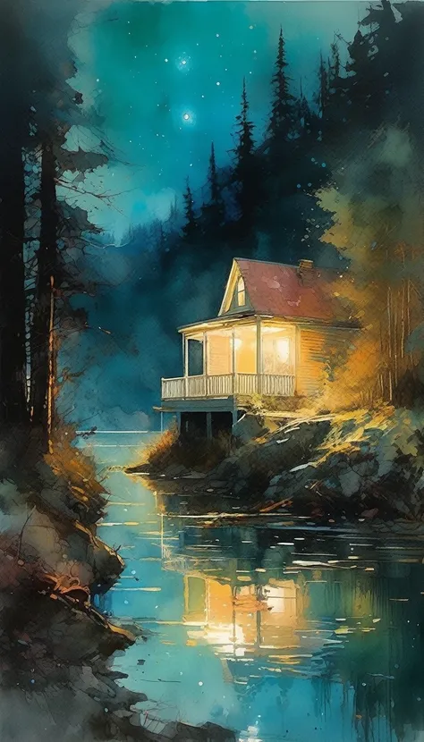 Morning watercolor, Highland Lake, Magical fairy tale, Shining in the neon light, Deep space sky, Styles (Jeremy Mann, Louis Icart, Valentin Serov, makoto kobayashi, Karol Buck) 