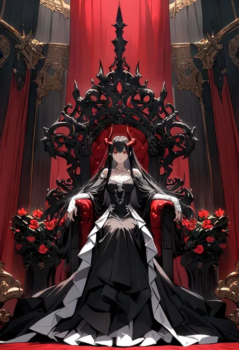 The image depicts an animated character that could be described as a "devil queen." She is seated on an ornate throne, wearing a black dress with white accents. The character has black hair, red horns, which adds to her devilish appearance. The background ...