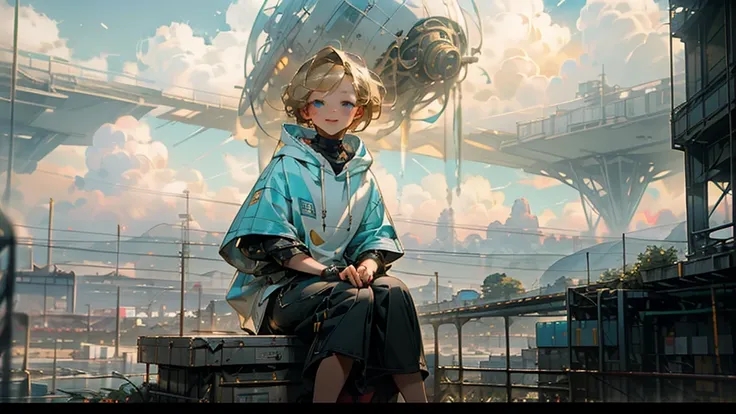 1 young asian girl, short hair, sitting, looking up at the sky, futuristic buildings, golden flying airship in the blue sky with flowing clouds, smiling, boyish, thin, wearing black shorts, white hoodie, black sneakers, (best quality,4k,8k,highres,masterpi...