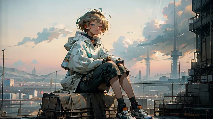 1 young asian girl, short hair, sitting, looking up at the sky, futuristic buildings, golden flying airship in the blue sky with flowing clouds, smiling, boyish, thin, wearing black shorts, white hoodie, black sneakers, (best quality,4k,8k,highres,masterpi...