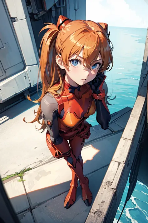 (masterpiece), best quality, expressive eyes, perfect face, 1girl, solo, souryuu asuka langley, interface headset, red bodysuit, hands on waist, standing, hand raised, pointed at the viewer, laboratory background, portrait, looking at the viewer, from abov...