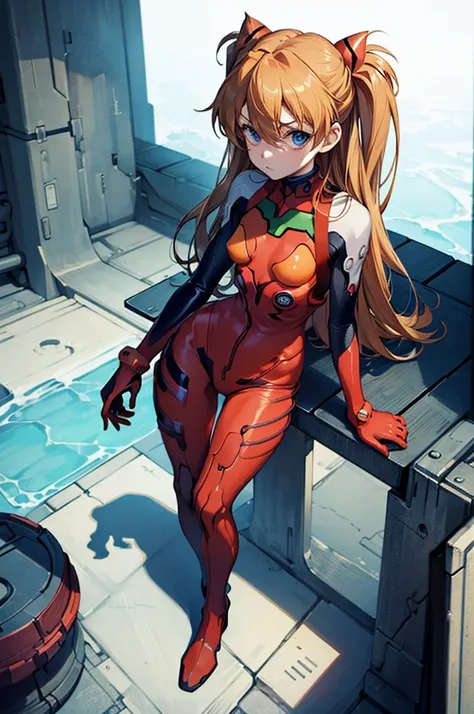 (masterpiece), best quality, expressive eyes, perfect face, 1girl, solo, souryuu asuka langley, interface headset, red bodysuit, hands on waist, standing, hand raised, pointed at the viewer, laboratory background, portrait, looking at the viewer, from abov...