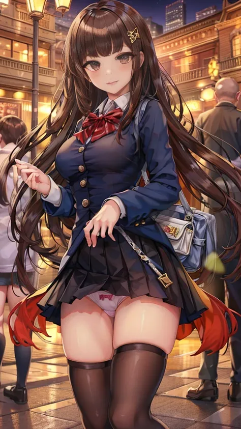 {Highest quality], [Super beautiful], [Ultra fine], [Best illustration], NSFW,Brown Hair, Hime cut, Long Hair, With bangs, girl,high school student,uniform,knit,skirt,smile, blush, Slender women, Adult women,Standing posture,(Public),Night Park,Summer fest...