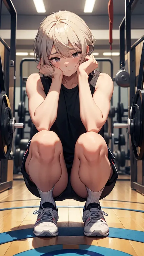 A boy cleaning the gym in gym clothes、Cover your face with both hands、Break down in tears、cry、squat