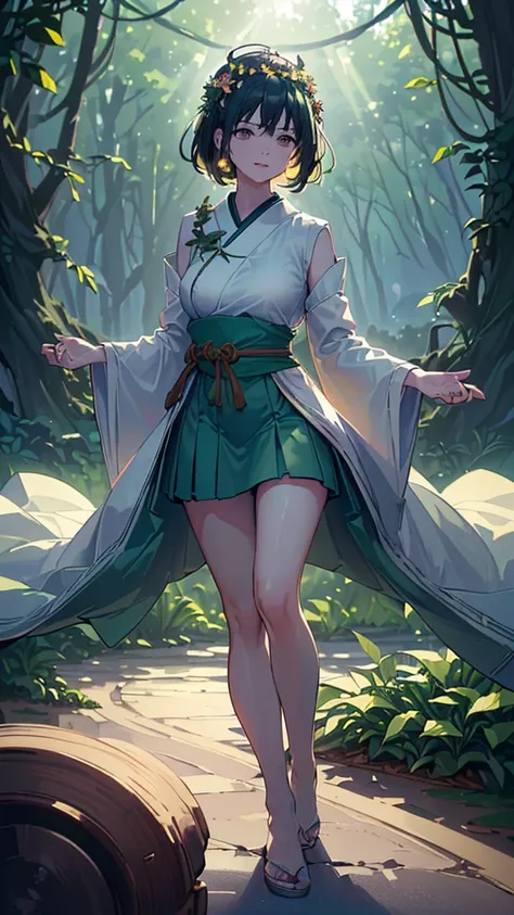 ((((Natures Blessing) high res, realistic)), 1girl, calm, standing, (((Verdant attire, floral crown, leafy accessories))), [natural surroundings], (forest, trees, greenery, wildflowers:1), full body, facing viewer, (((natural light, soft glow))), medium br...