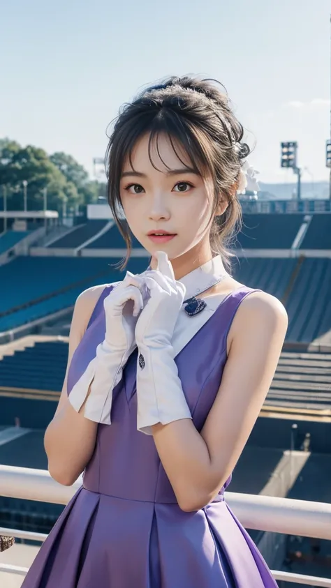 8ｋ、masterpiece、Highest quality、
Narita Top Road、、Stadium、Confetti、Live-action quality、sweating、Please raise your hand、Down、
Ear coverings、Star hair ornament、brooch、Sleeveless dress、Purple Dress、White ribbon、The gloves don&#39;t fit、White gloves、Black glove...