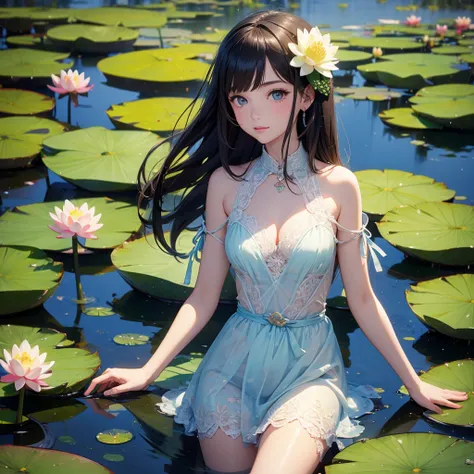 Draw a girl against the background of a pond with water lilies and lotus