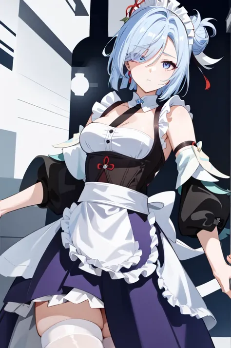 shenhe(genshin impact), bare shoulders, hair over one eye, 1girl, barbarian markings, short white hair ponytail bun, blue eyes magenta eyes, hair bangs covering eye, half closed eyes, hair over one eye, (((maid outfit))))