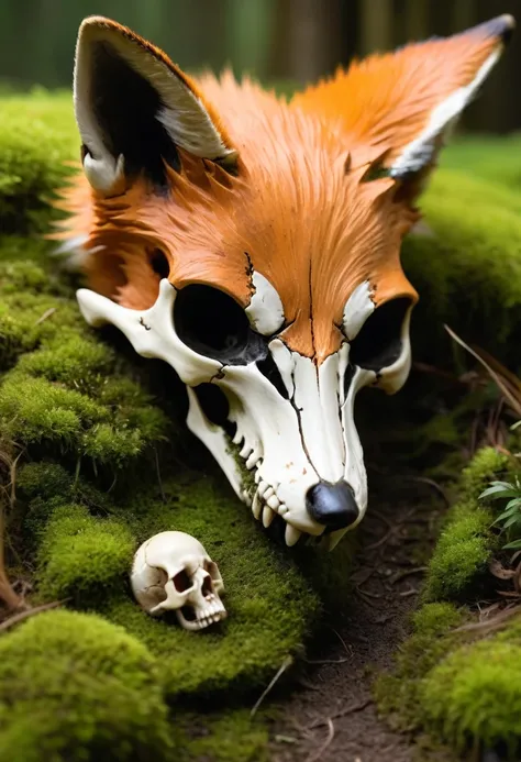 One fox skull laying on the ground under some moss, creepy fox, creepy fox skull