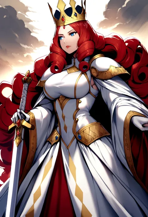 A tall beautiful queen, with curly red chin length hair, blue eyes, wears an open coat with shoulder pads, with white clothes underneath, she has a sword,