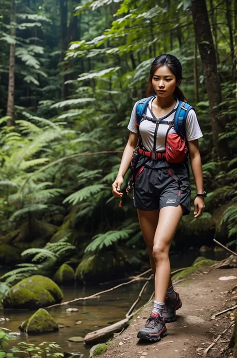 Thai female model is hiking, wearing adventure gear, looking like Bella.