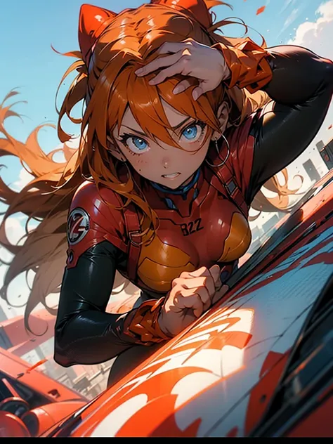 Asuka Langley Soryu，Blue eyes，hair between eyes，headware，Interface headset，Orange hair，battle costume，action pose，Thick coating，album artwork，Storytelling images