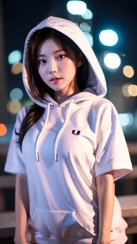 close-up of beautiful korean female, 34 inch breasts size, wearing a white short sleeve hoodie,  night, bokeh background, UHD 