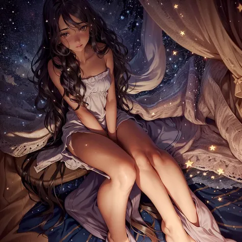 Woman with tan skin   and very long wavy dark hair thats wavy  sitting down  under the stars with a magical night dress 