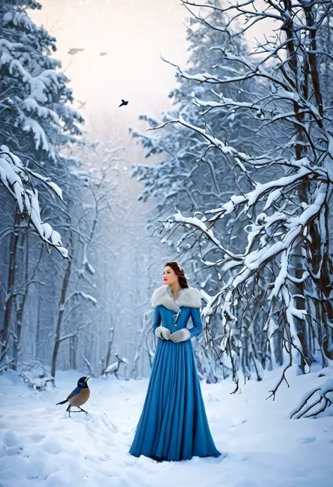 there is a woman that is standing in the snow with a bird, winter scene fantasy, inspired by Alexander Deyneka, by Igor Grabar, winter season, by Hristofor Zhefarovich, in a snowy forest setting, winter time, winter in the snow, winter setting, in the wint...