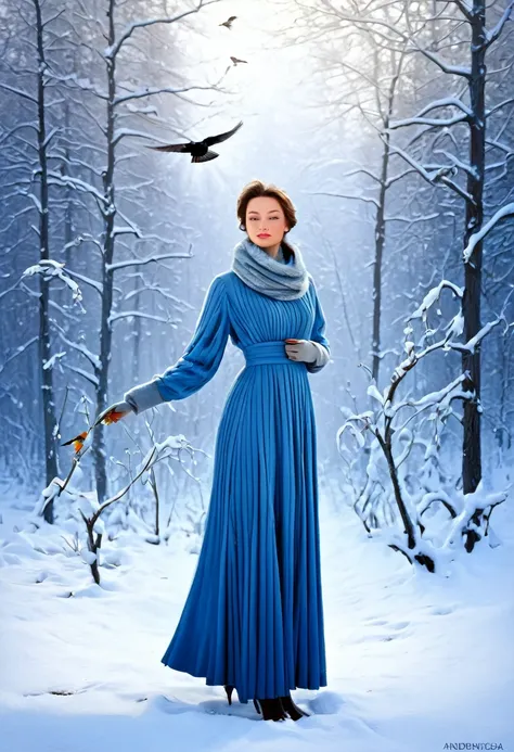 there is a woman that is standing in the snow with a bird, winter scene fantasy, inspired by Alexander Deyneka, by Igor Grabar, winter season, by Hristofor Zhefarovich, in a snowy forest setting, winter time, winter in the snow, winter setting, in the wint...