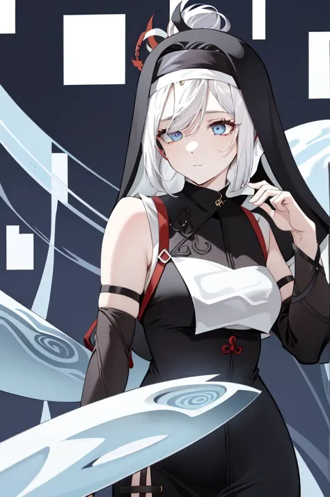 shenhe(genshin impact), bare shoulders, hair over one eye, 1girl, barbarian markings, short white hair ponytail bun, blue eyes magenta eyes, hair bangs covering eye, half closed eyes, hair over one eye, (((nun))), ((standing split))