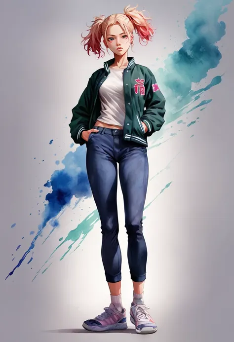 green screen, plain background, high school uniform:2, fantasy digital watercolor painting, photoshop watercolor brushes, one gi...