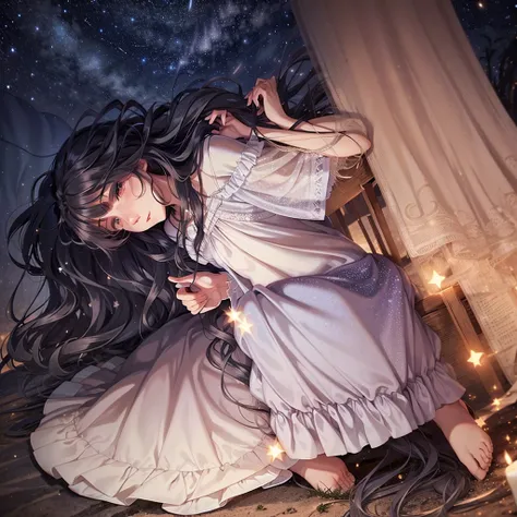 Woman with very long wavy black  hair thats wavy  sitting down  under the stars with a magical night dress  looking up calmly 